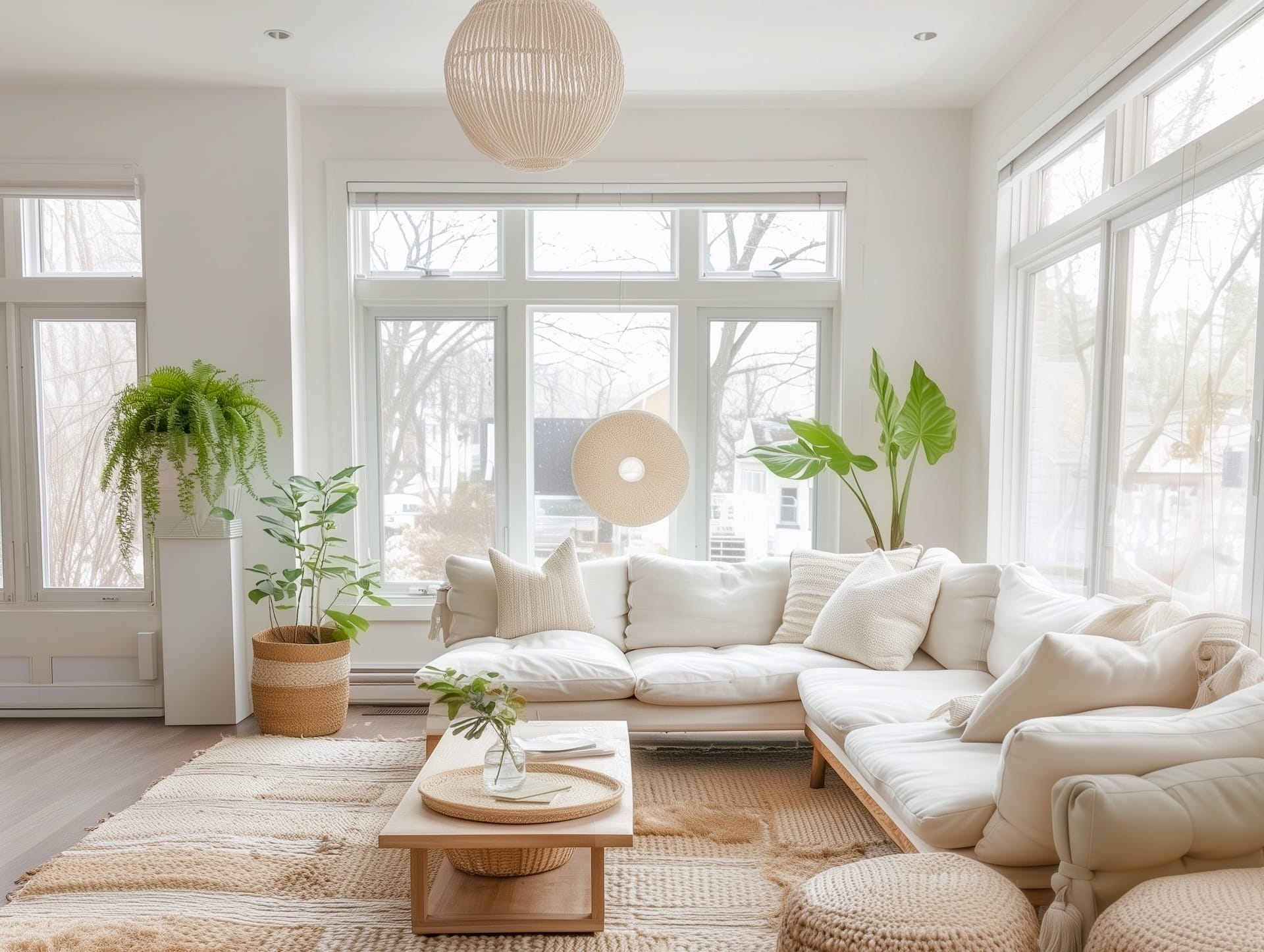 Salon scandi : canapé blanc, bois blond, plantes