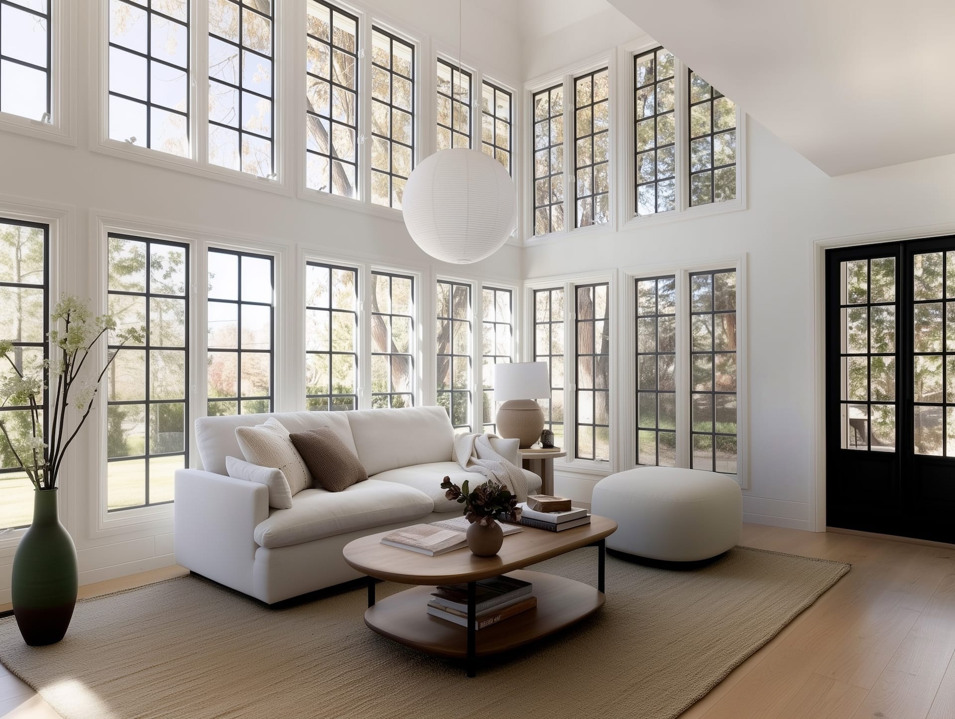 Salon clair avec baies à croisillons noirs, lanterne en papier, canapé écru, table bois