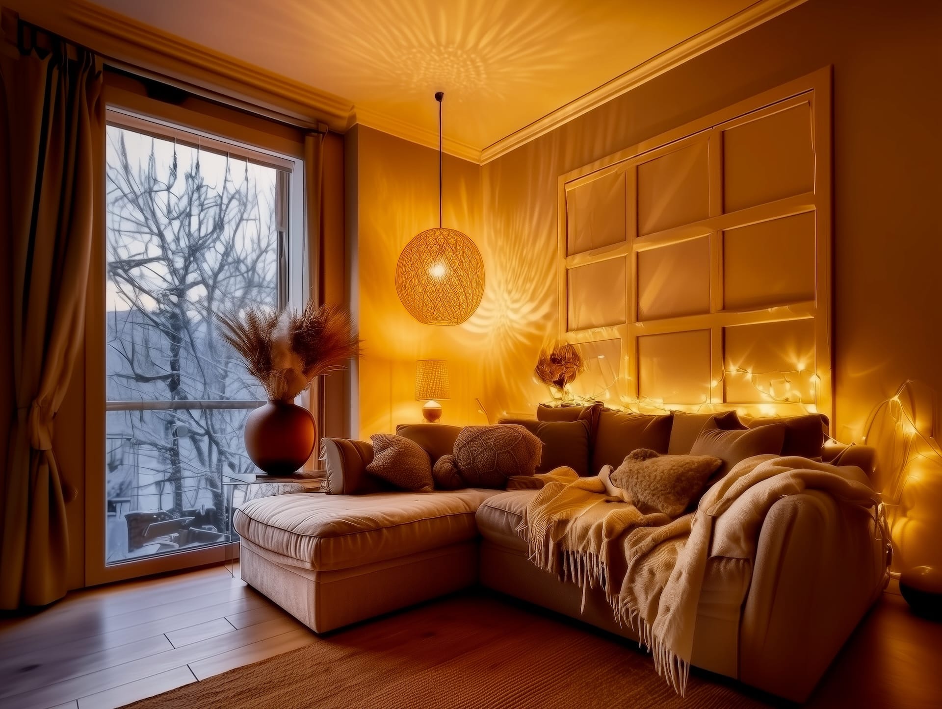 Lampes d’appoint et suspension tressée sur mur sable