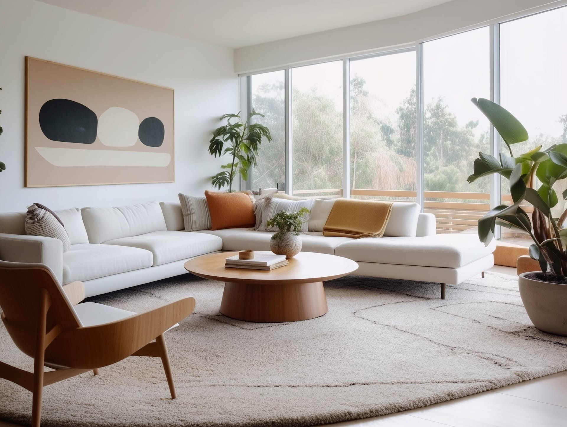 Grande baie vitrée, canapé blanc, tapis texturé, grand art mural organique noir