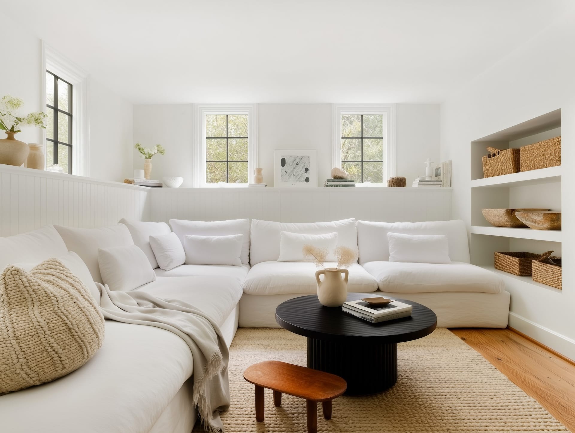 Salon blanc avec table basse noire rainurée, tapis en jute, céramiques crème