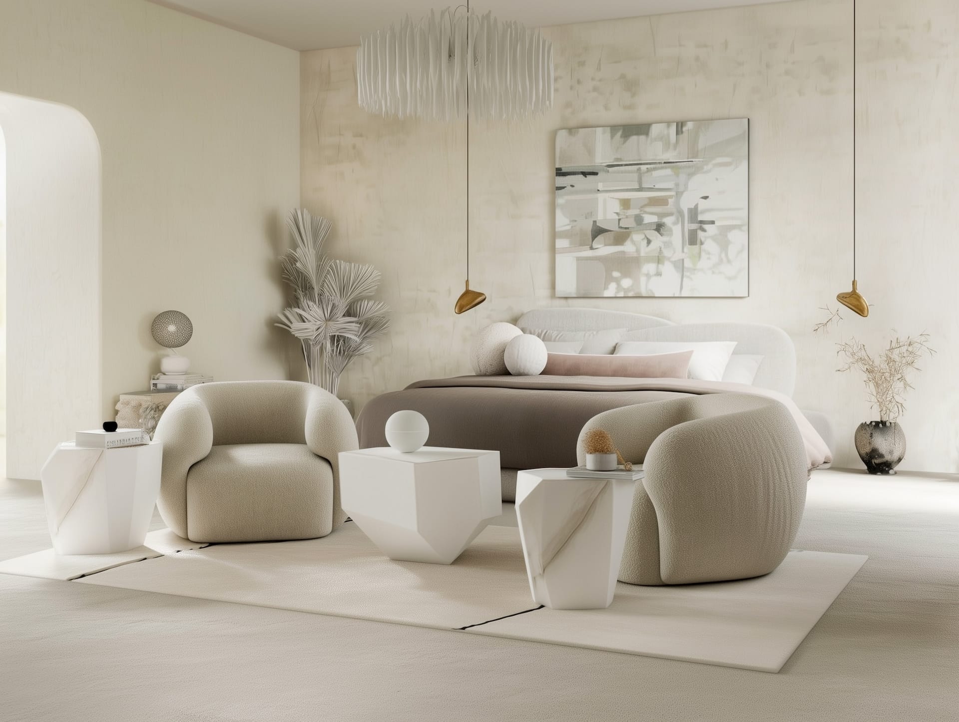 Enduit mural nuagé, fauteuils arrondis et tables sculpturales blanches Légende : La matière devient paysage : murs minéraux, volumes pleins, silence visuel