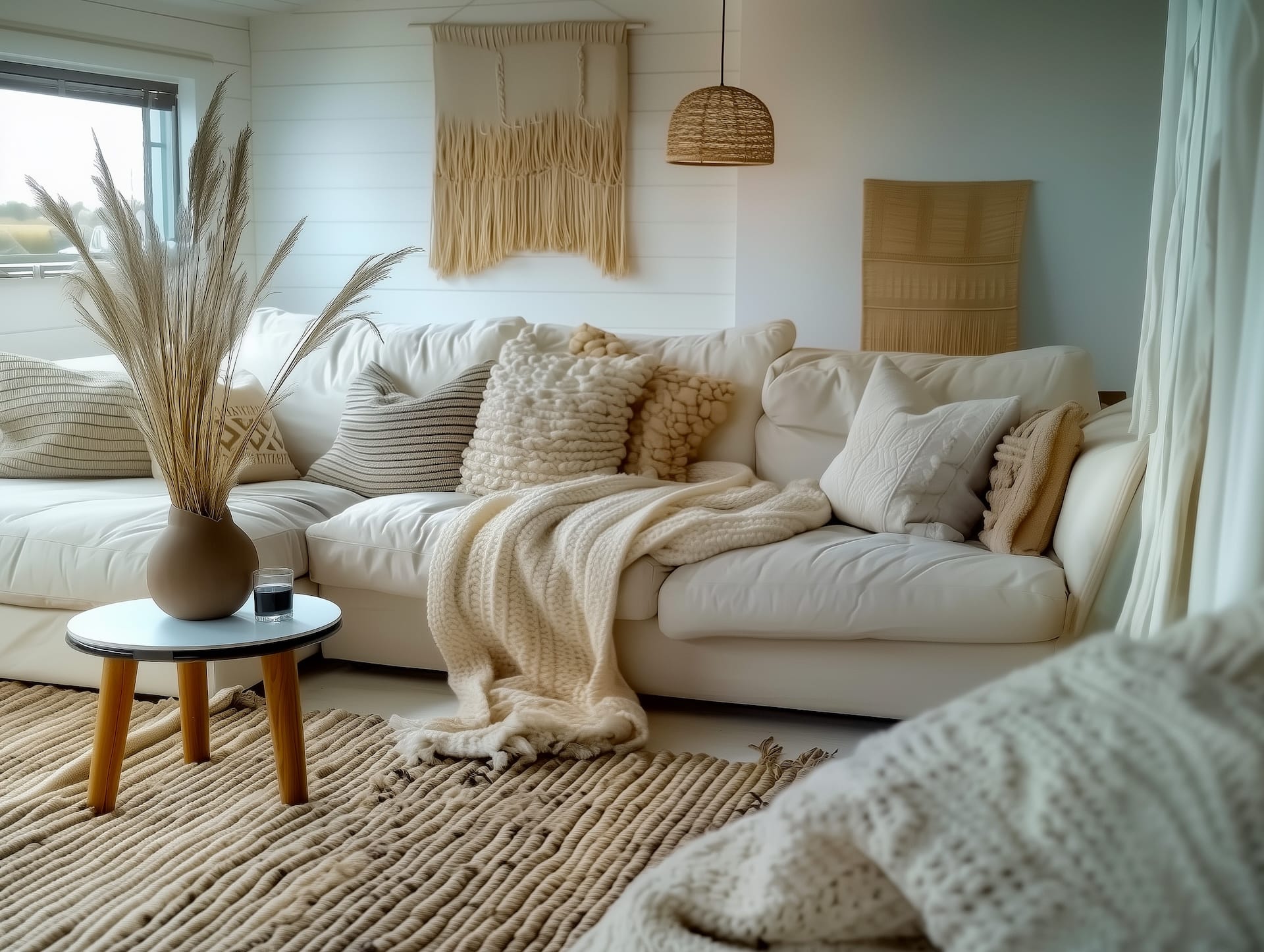 Plaids en laine et coussins bouclés sur canapé clair