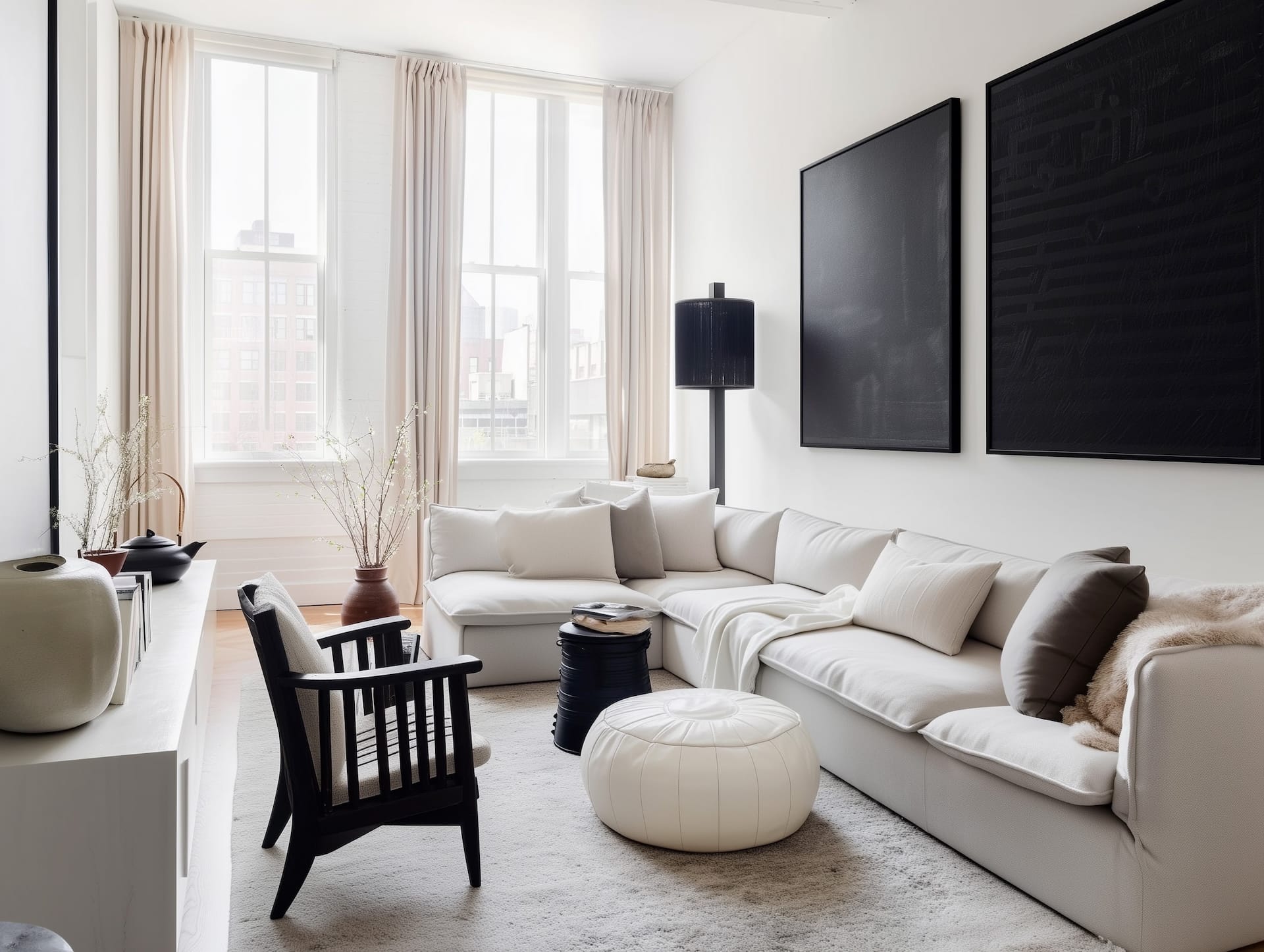 Salon Urban Graphic lumineux : canapé écru en L, deux grands tableaux noirs, lampadaire colonne noir, tapis écru généreux, table d’appoint cylindrique noire