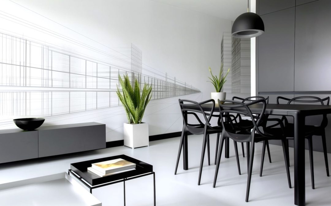 Salon lumineux Urban Graphic avec mur à dessin architectural, table noire et chaises design, deux plantes vertes