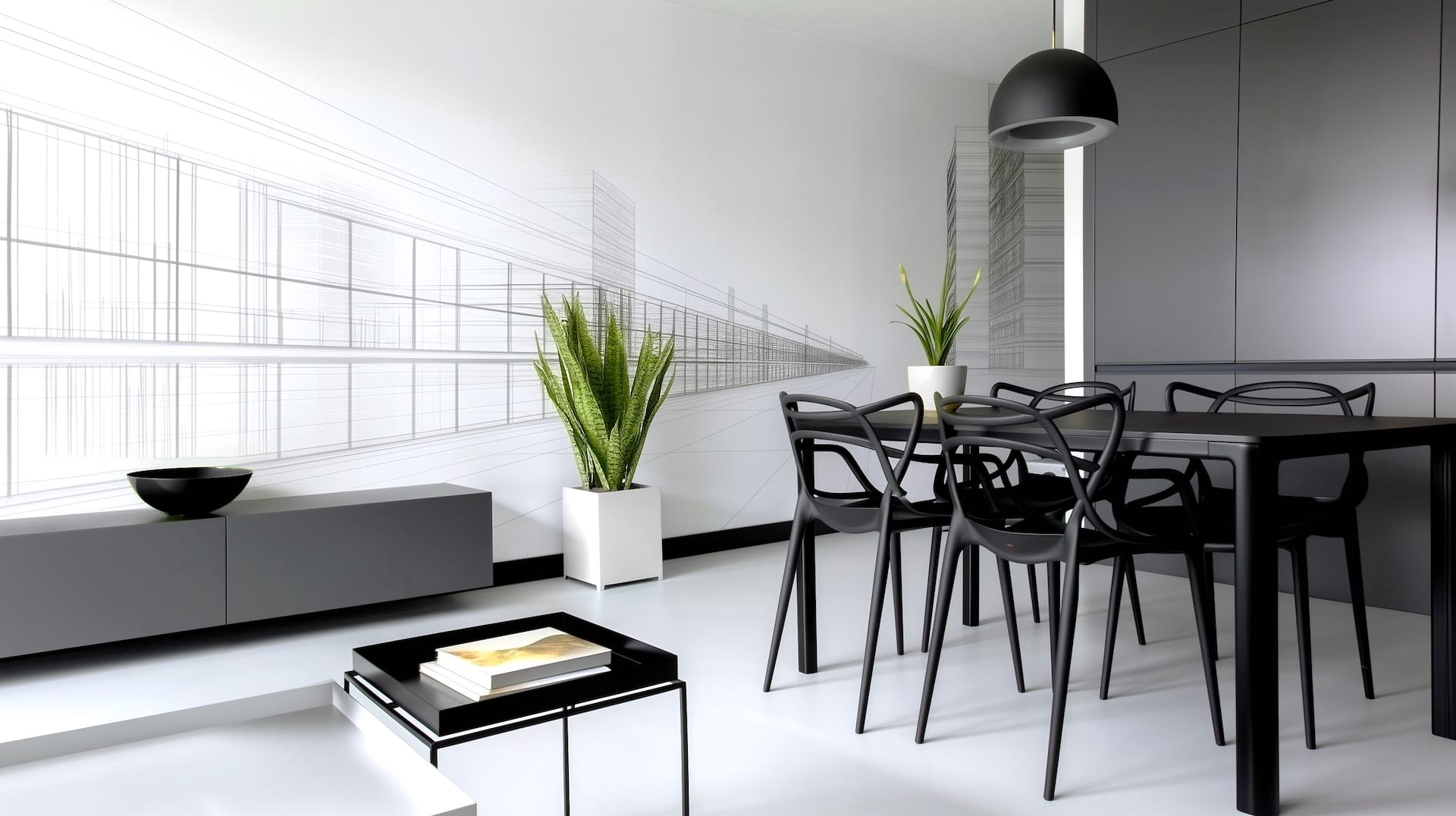 Salon lumineux Urban Graphic avec mur à dessin architectural, table noire et chaises design, deux plantes vertes
