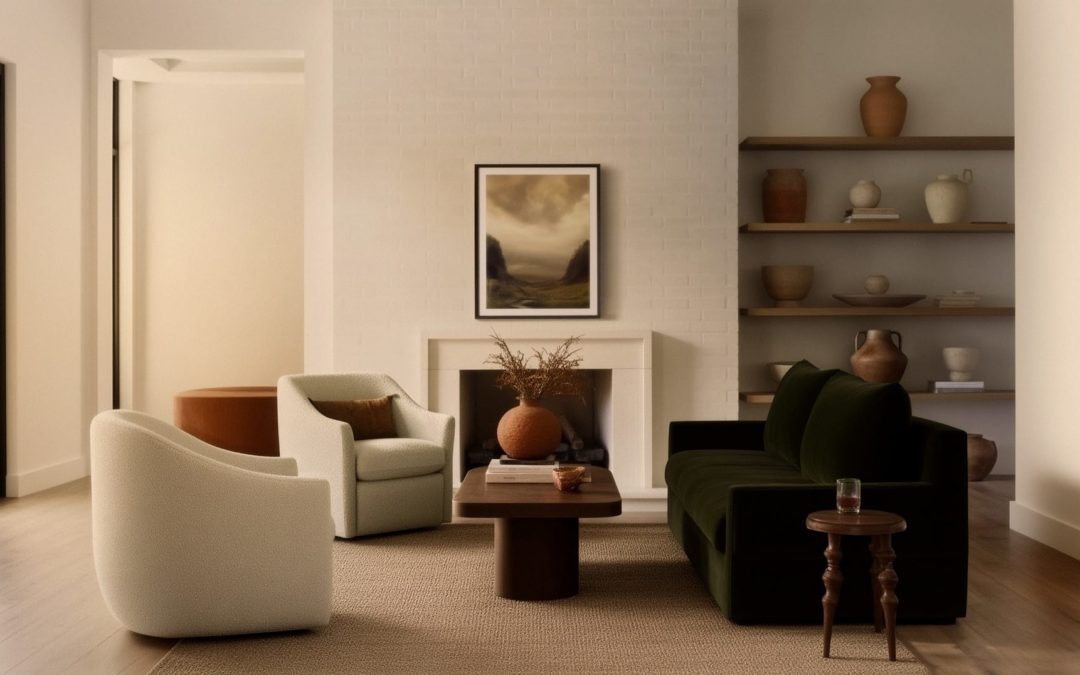 Salon Organic Modern avec canapé velours vert olive, fauteuils bouclé écru, table basse noyer, étagères céramiques, cheminée blanche, lumière douce