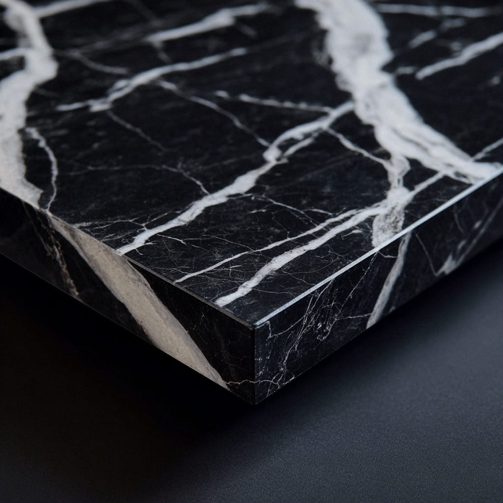 Macro de marbre noir poli, veines blanches en diagonale et tranche éclairée, contraste graphique noir et blanc