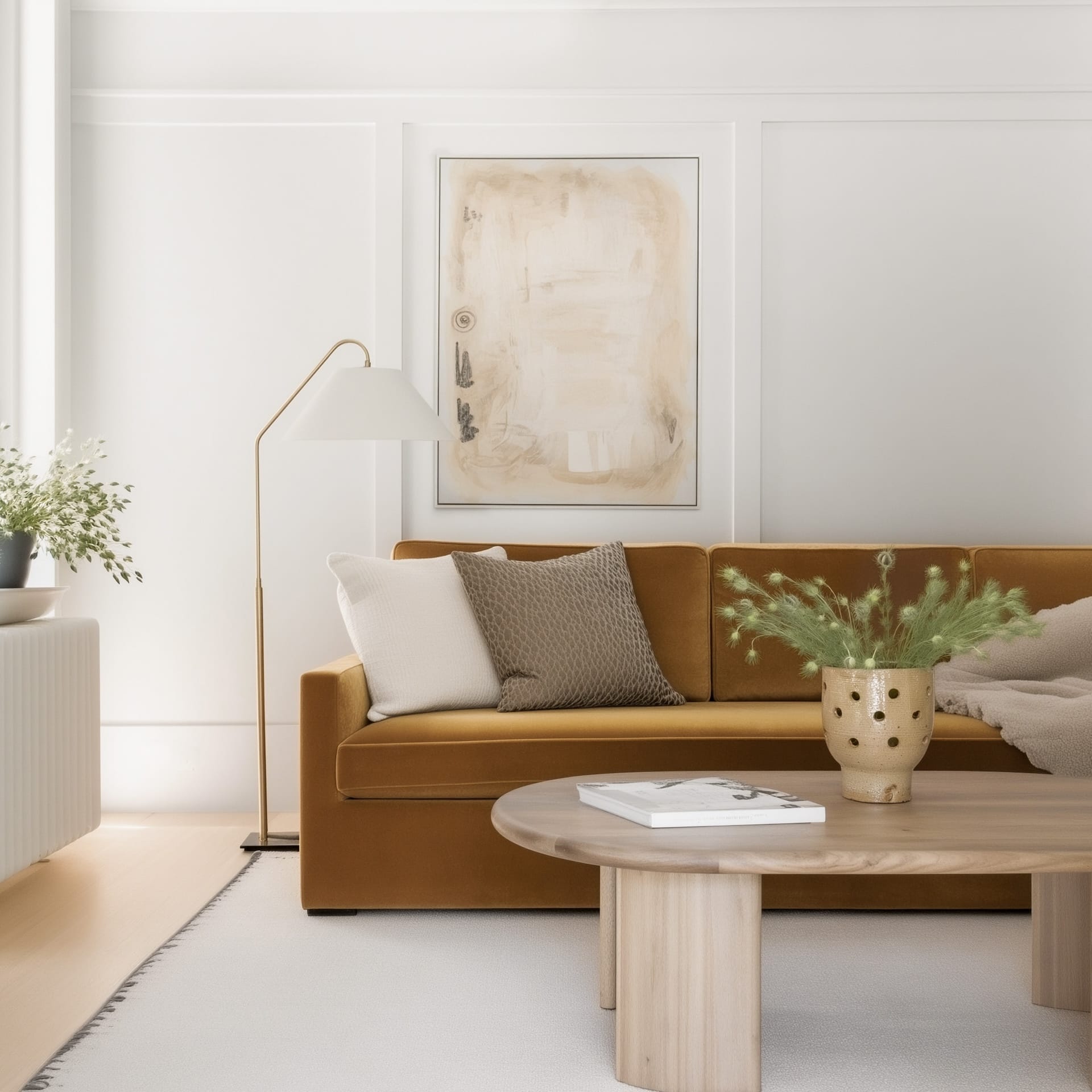 Canapé velours ocre avec coussins crème, lampadaire en laiton brossé, table basse en chêne clair, tableau abstrait beige et vase en céramique — ambiance scandinave chaleureuse