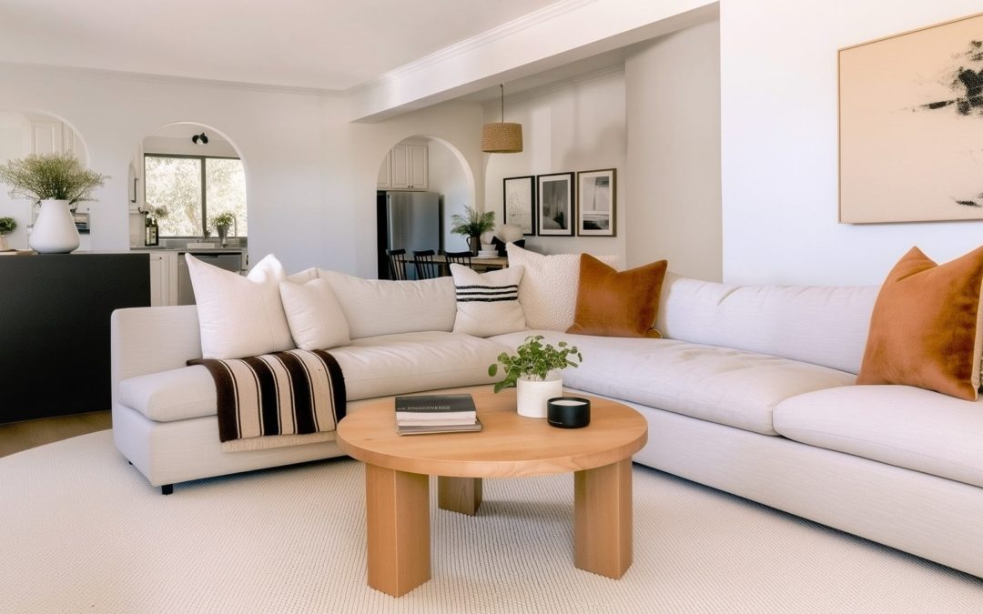 Salon Scandinavian Warm lumineux : grand canapé d’angle crème, coussins ocre, table basse ronde en chêne, arches vers la cuisine, tapis texturé