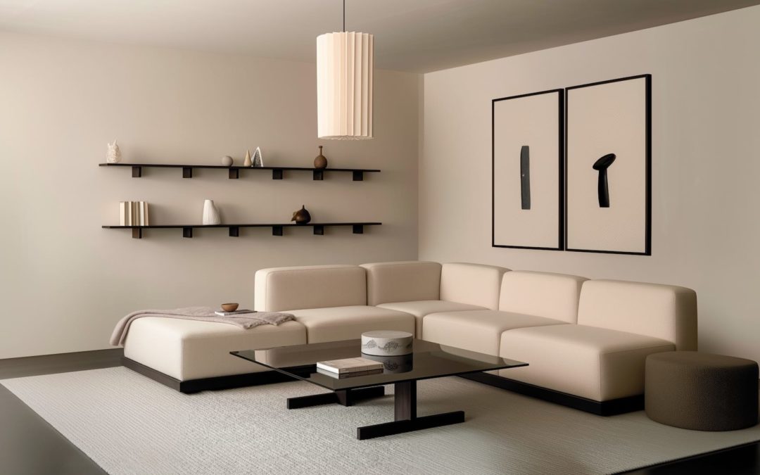 Salon Japandi Zen avec canapé beige, table basse noire et étagères murales noires en touches discrètes