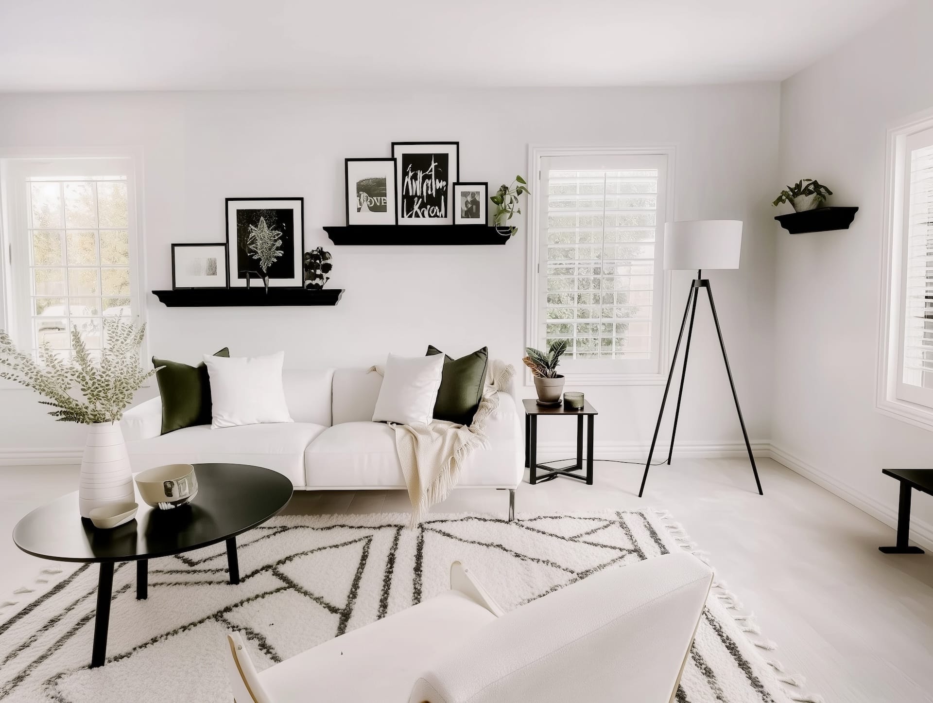 Salon clair avec canapé blanc, étagères galeries noires et cadres, lampadaire trépied noir, tables basses rondes, tapis graphique noir-crème