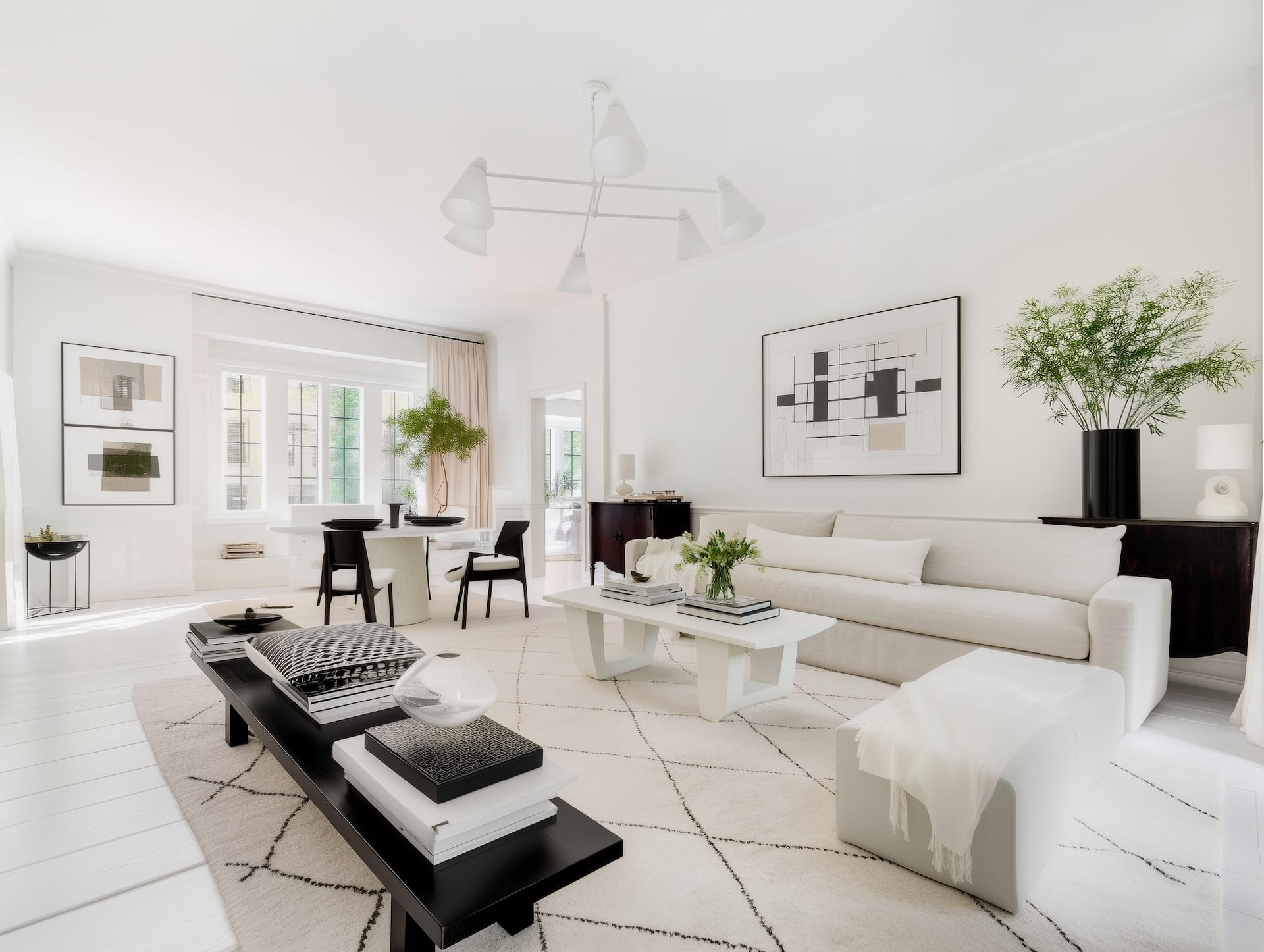 Grand séjour blanc avec suspension multi-cones, œuvre géométrique encadrée noir, table basse sculpturale blanche, tapis écru à trame fine, touches de bois et vases noirs