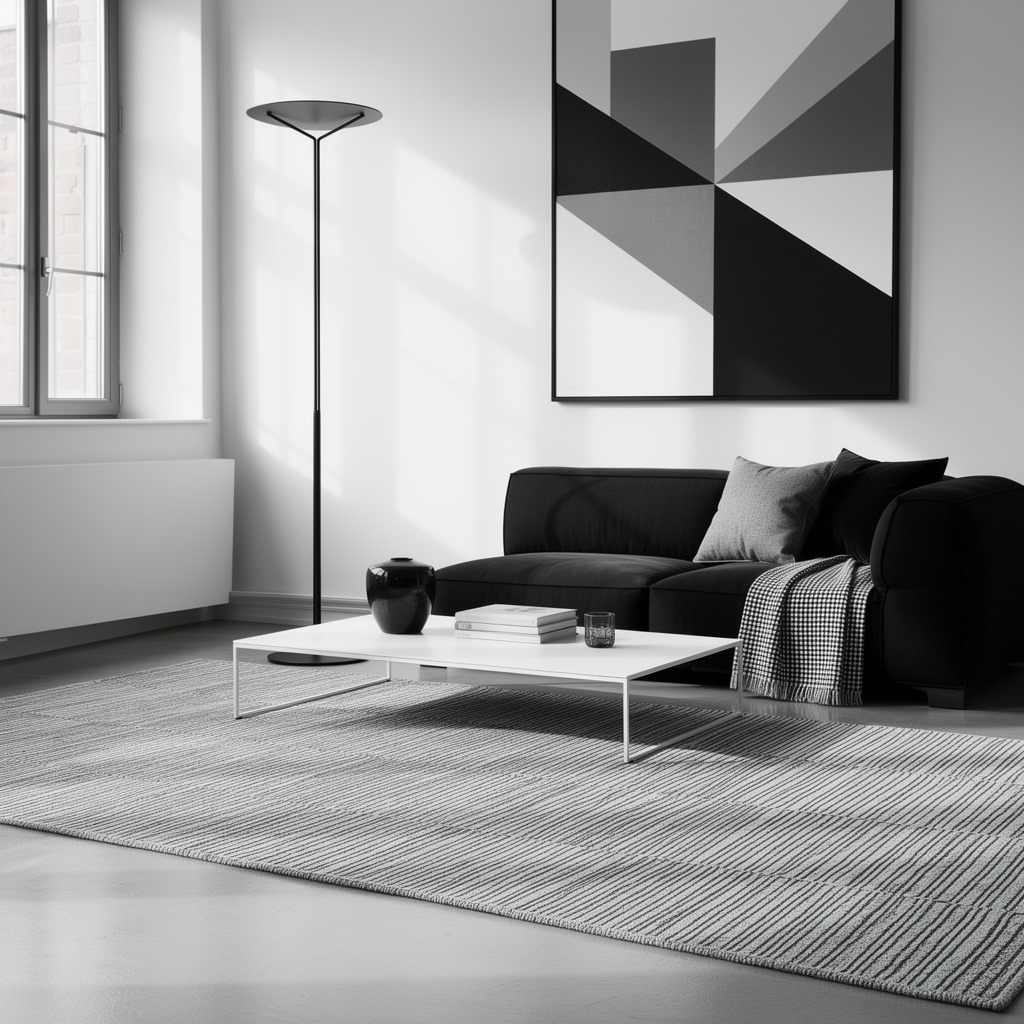 Salon Urban Graphic avec canapé noir minimaliste, grande toile abstraite noir et blanc et lampe noire sur meuble bas