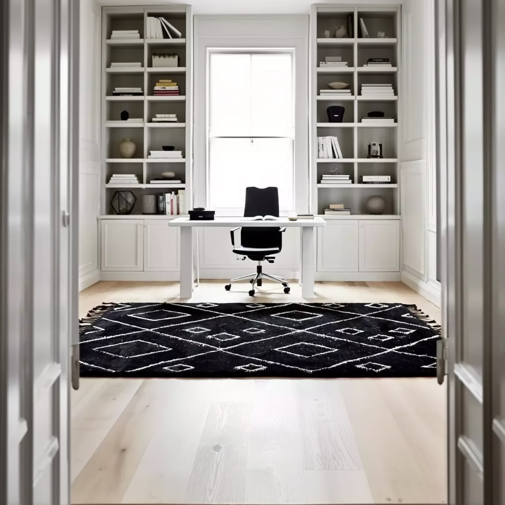 Bureau Urban Graphic avec grand tapis noir et blanc graphique, bureau blanc et étagères intégrées claires