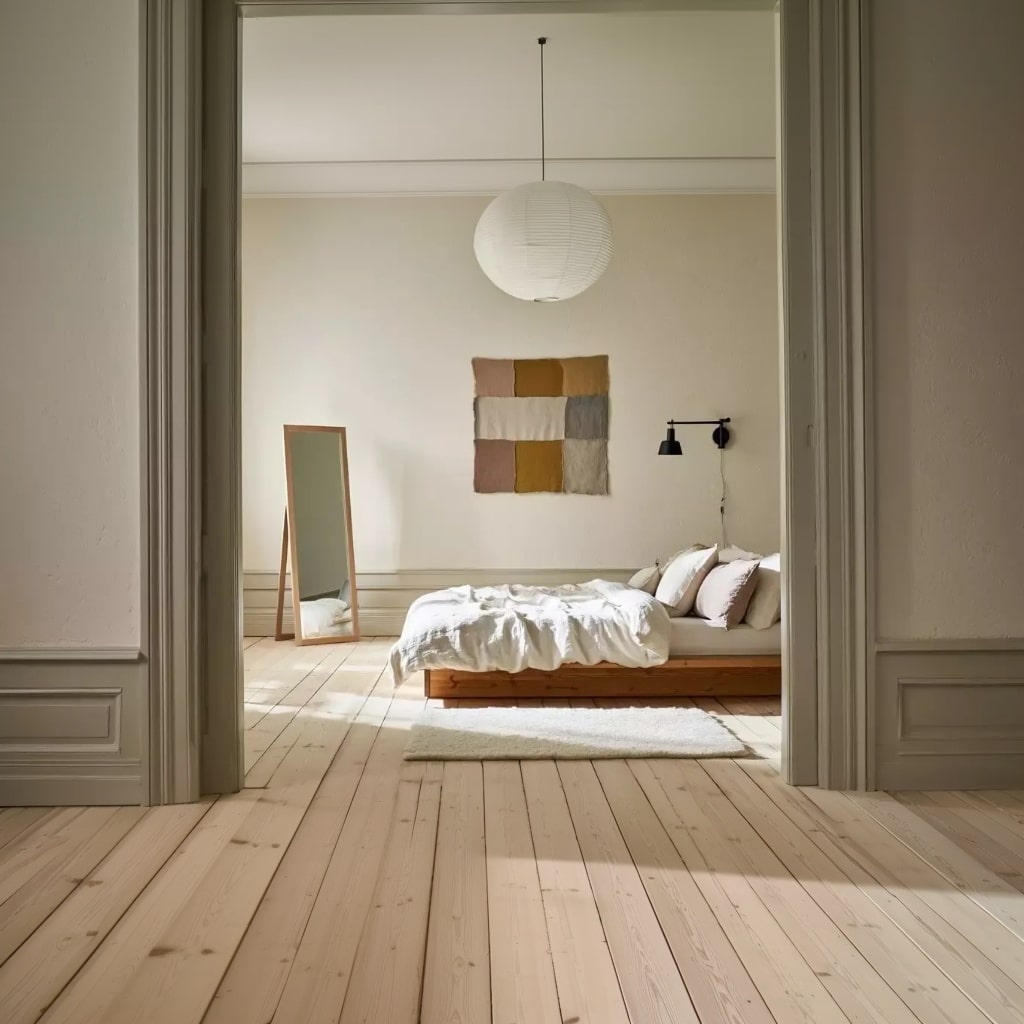 Chambre Japandi zen avec lit bas en bois, linge de lit en lin écru et grand miroir sur pied