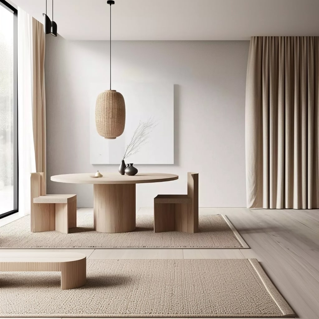 Salle à manger Japandi zen avec table ronde en bois clair, chaises minimalistes et suspension en rotin