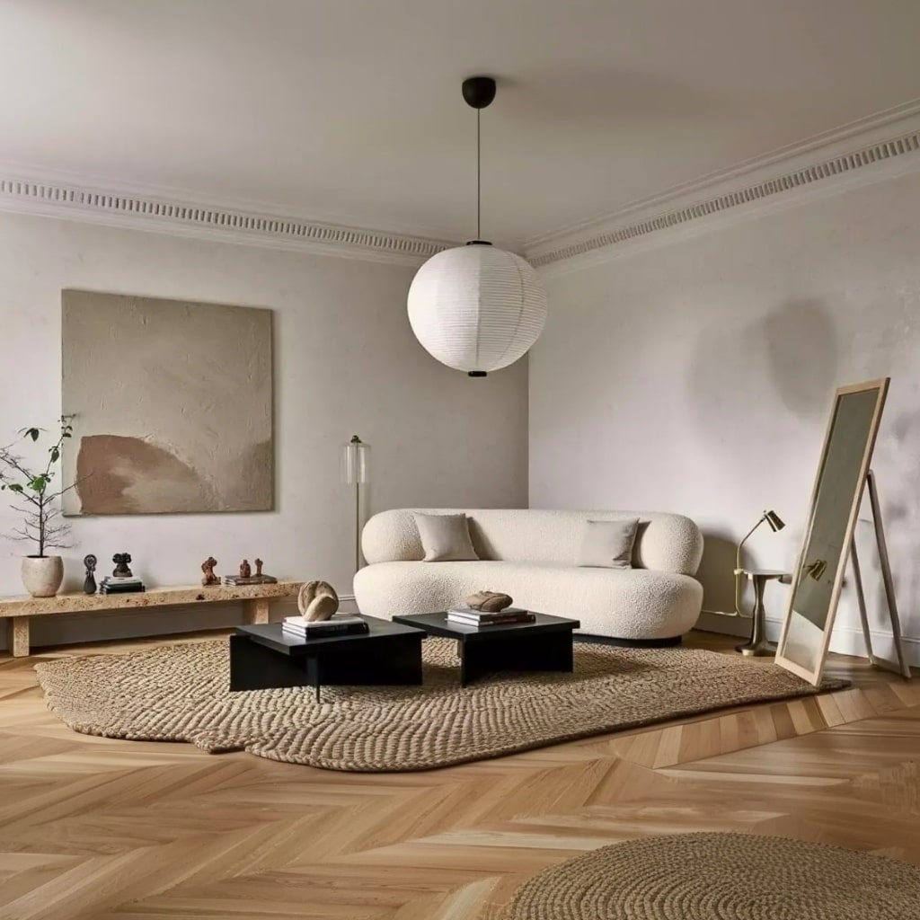 Salon Japandi zen avec canapé écru, tapis rond en jute et tables basses noires