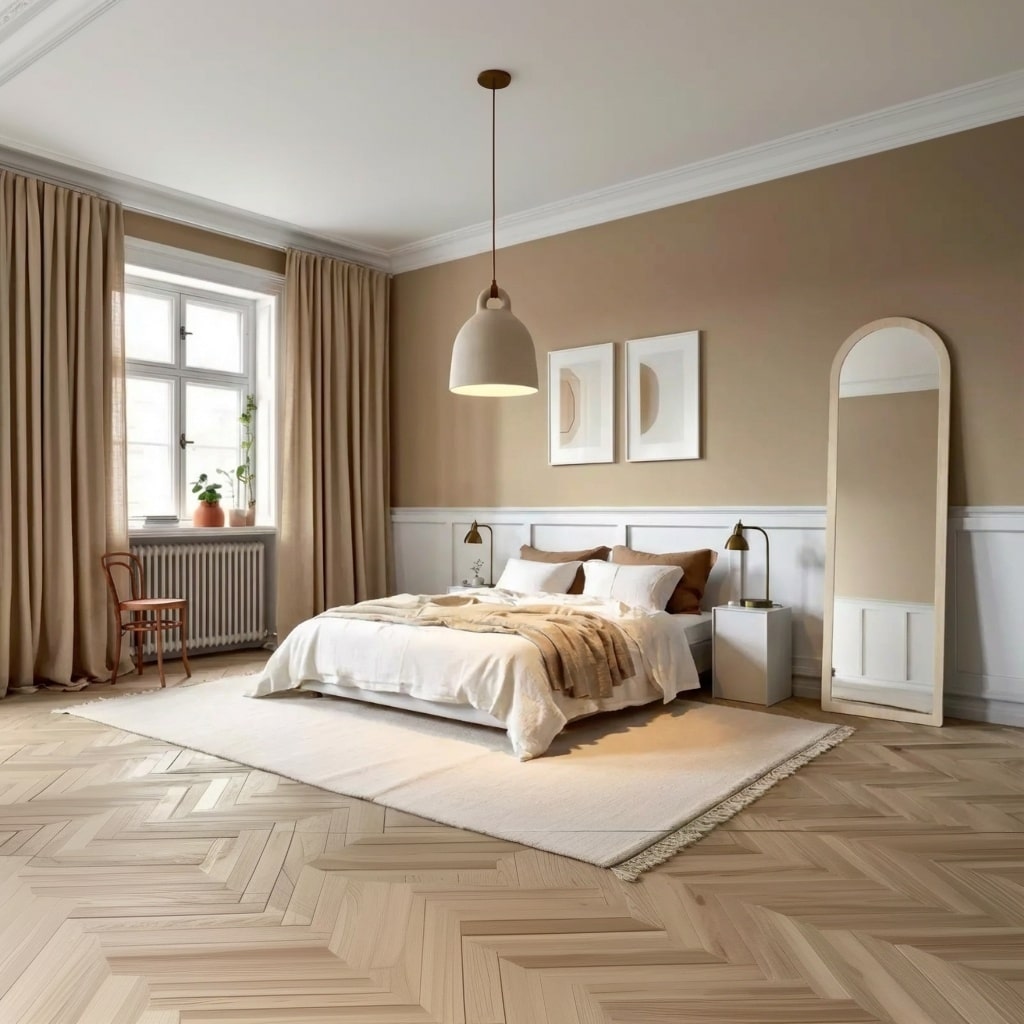 Chambre Scandinavian Warm chaleureuse avec mur beige, lit clair, grand tapis écru et miroir sur pied