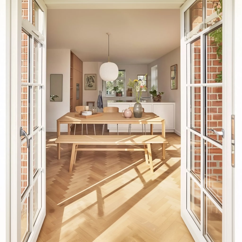 Salle à manger de style Scandinavian Warm avec grande table en bois clair, banc et lumière traversante