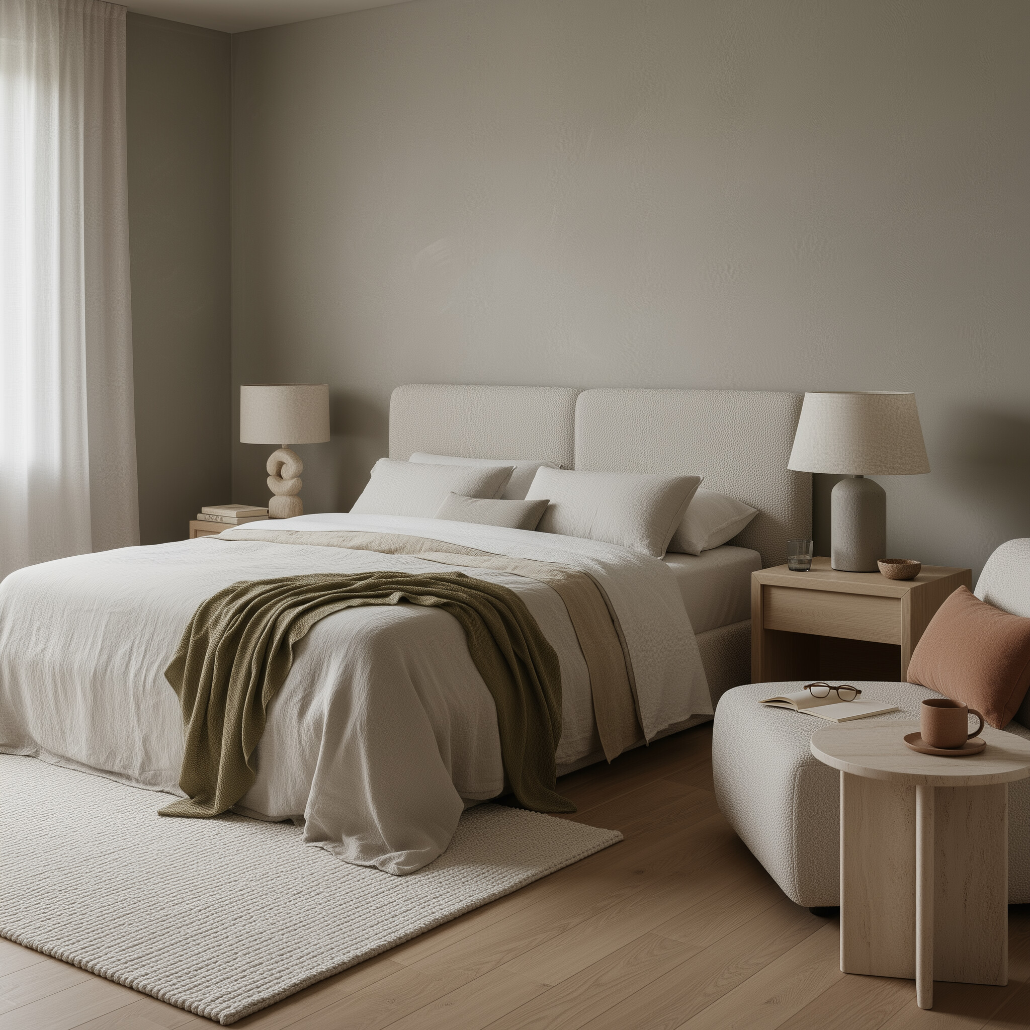 Chambre Organic Atelier XVI : linge de lit en lin, plaid olive sourd, lampes en céramique minérale, bois clair et table d’appoint en travertin, lumière douce.