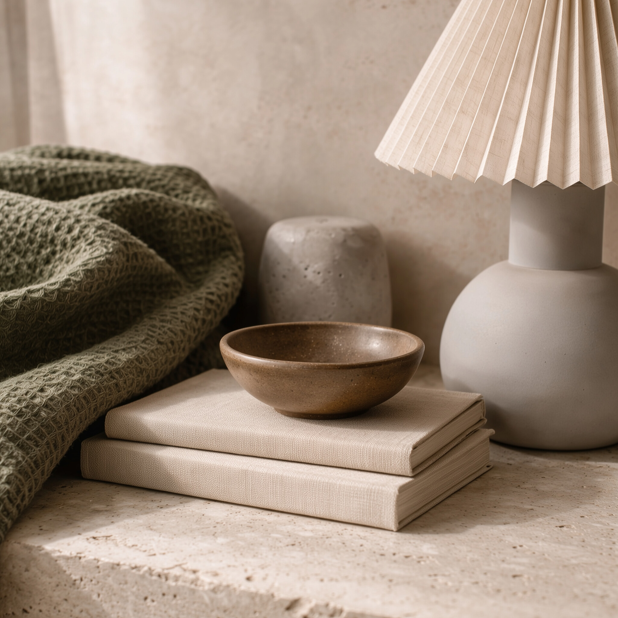 Composition macro Organic Modern : travertin clair, lampe en béton, textile coton stonewashed vert olive et coupelle en grès brun, lumière naturelle rasante.