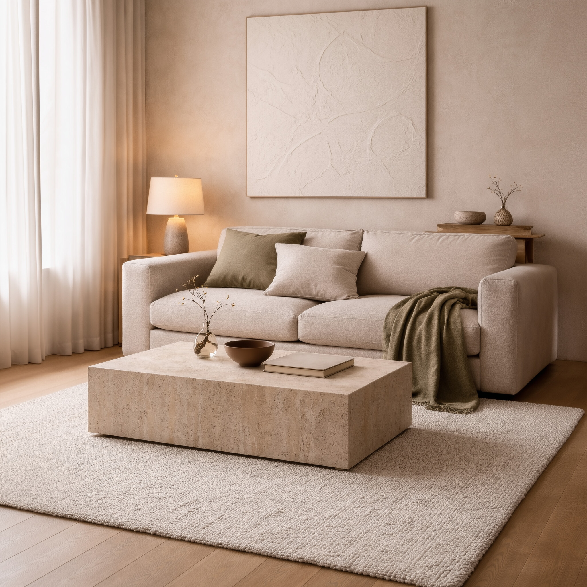 Salon Organic Atelier XVI avec canapé greige, table basse en travertin, coussins olive sourd et tableau en relief ton sur ton, lumière douce.