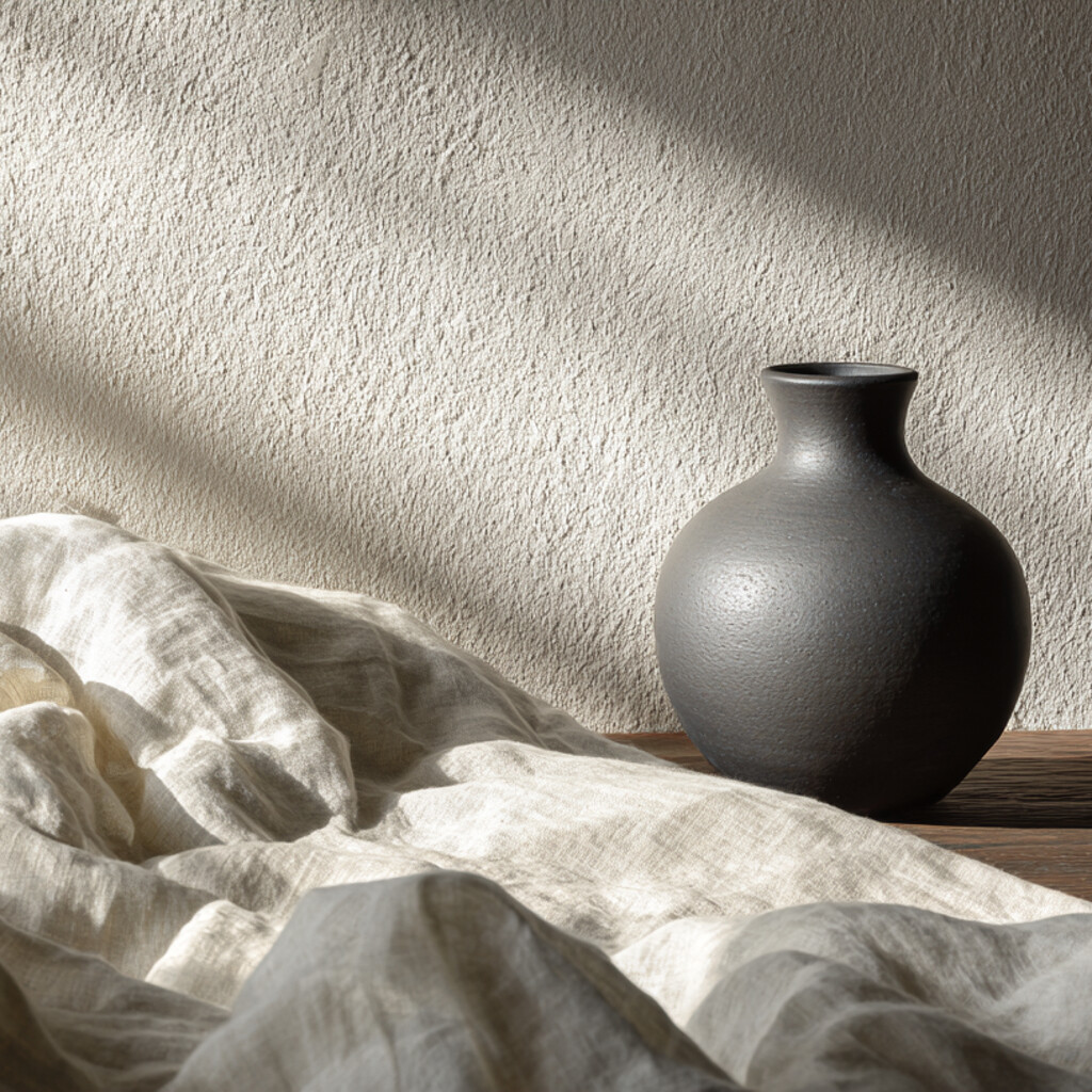 Gros plan Japandi : tissu en lin clair froissé, vase en céramique mate couleur charbon et mur minéral texturé, lumière rasante.