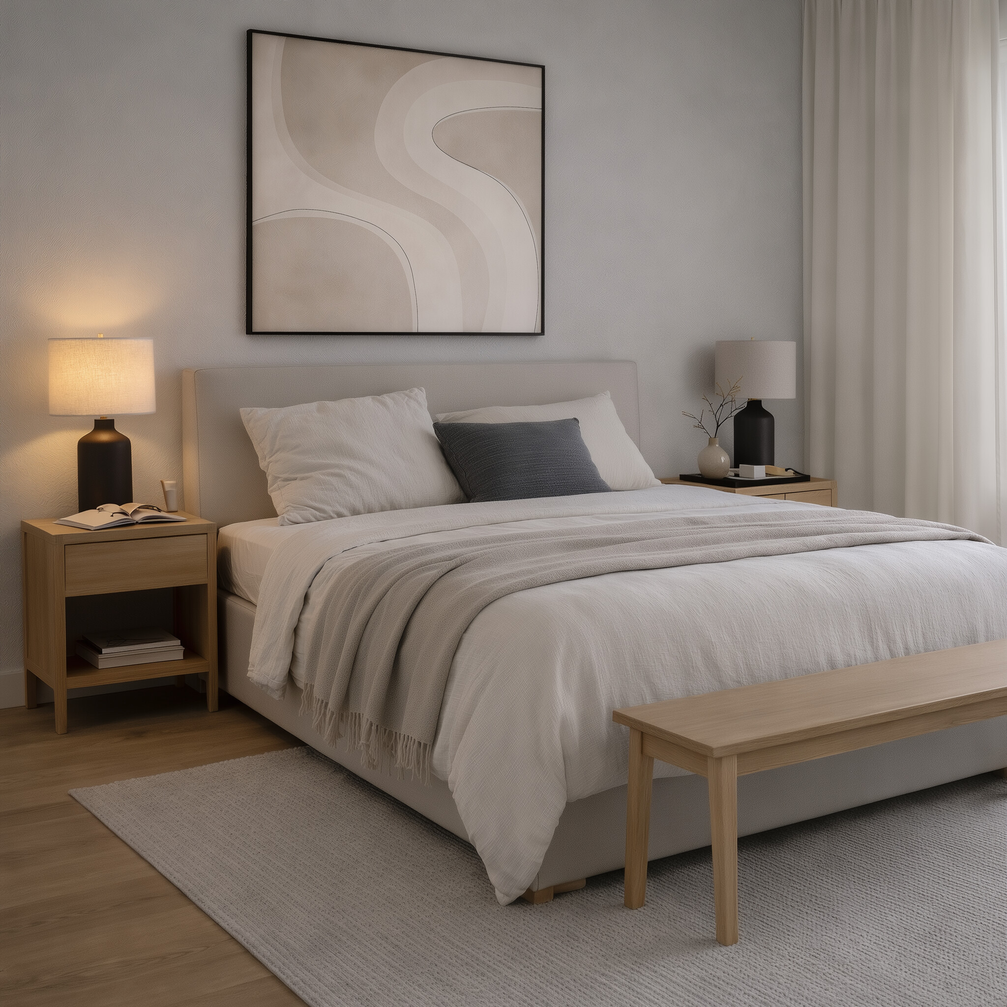 nordic-chambre-lumineuse-lin-bois-clair-lampes-noir-mat-atelier-xvi-1920x1080 Chambre nordique lumineuse et calme : lit en lin clair, bois clair, deux lampes noir mat, coussin gris, tapis clair et voilages.