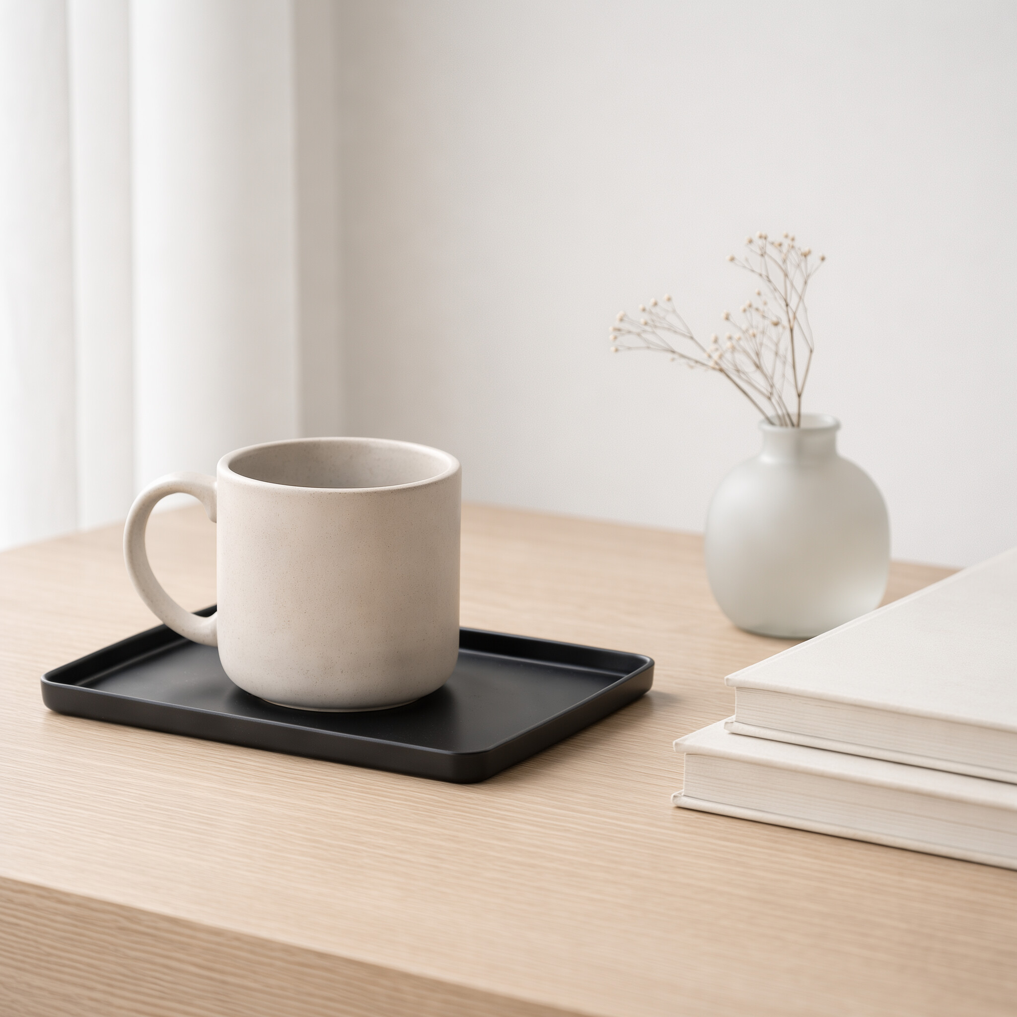 Nature morte nordique : tasse en grès mat sur plateau noir, livres écrus et vase opalin sur table en chêne clair