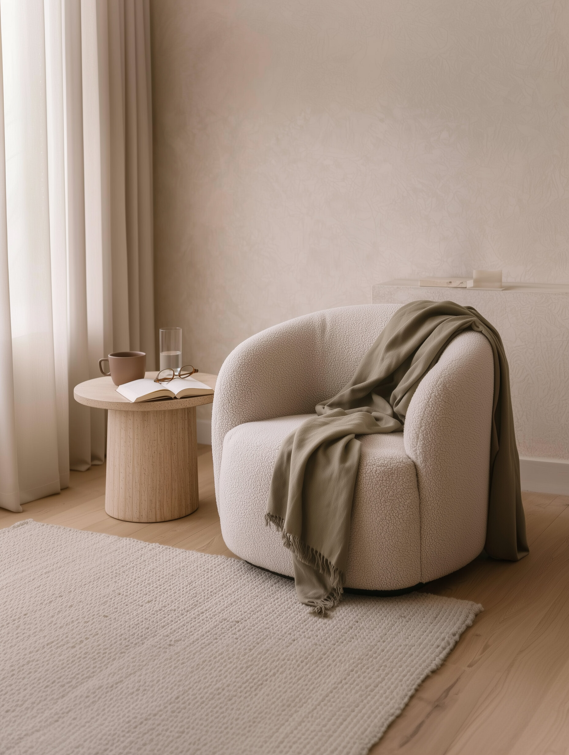 Coin lecture Organic avec fauteuil bouclé écru, table d’appoint en travertin, plaid olive sourd et lumière naturelle filtrée.