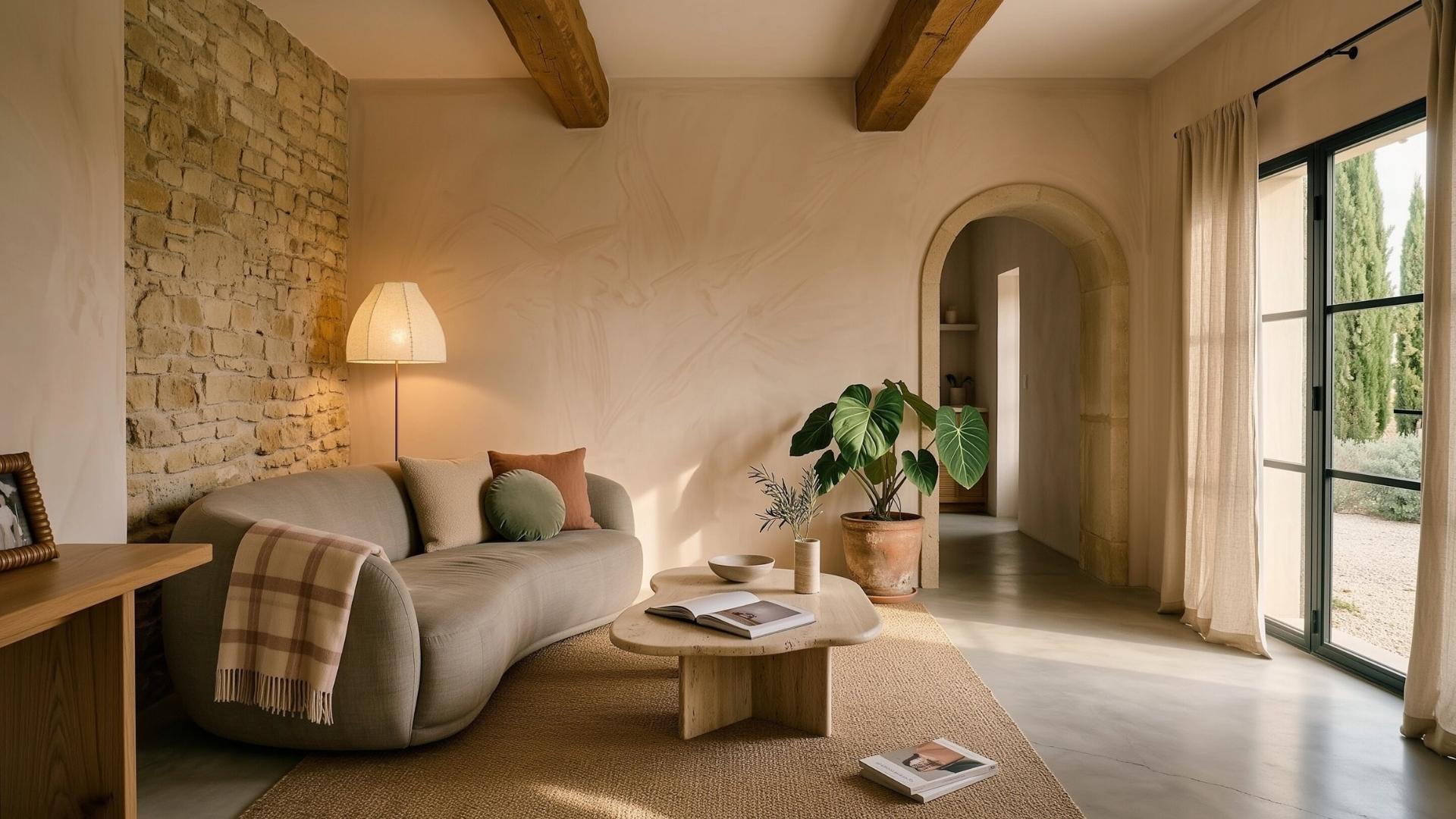 Univers Organique Atelier XVI : salon lumineux, bois brut et lin naturel