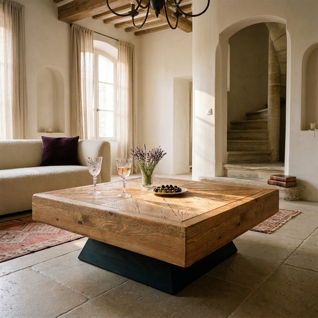 Table basse Marius en bois recyclé dans un salon méditerranéen aux arches et poutres apparentes, lumière douce
