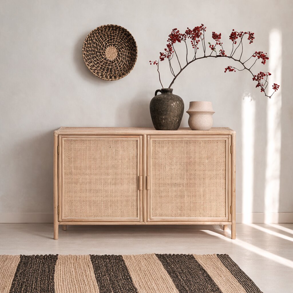Console Bastian en bois naturel et cannage rotin, vue de face, avec deux portes tressées et piètement fin.