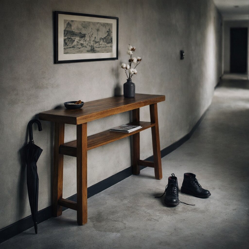 Console Dorset en bois massif finition naturelle, vue 3/4 dans une ambiance urban contemporaine avec mur gris texturé, sol béton et décoration minimaliste.