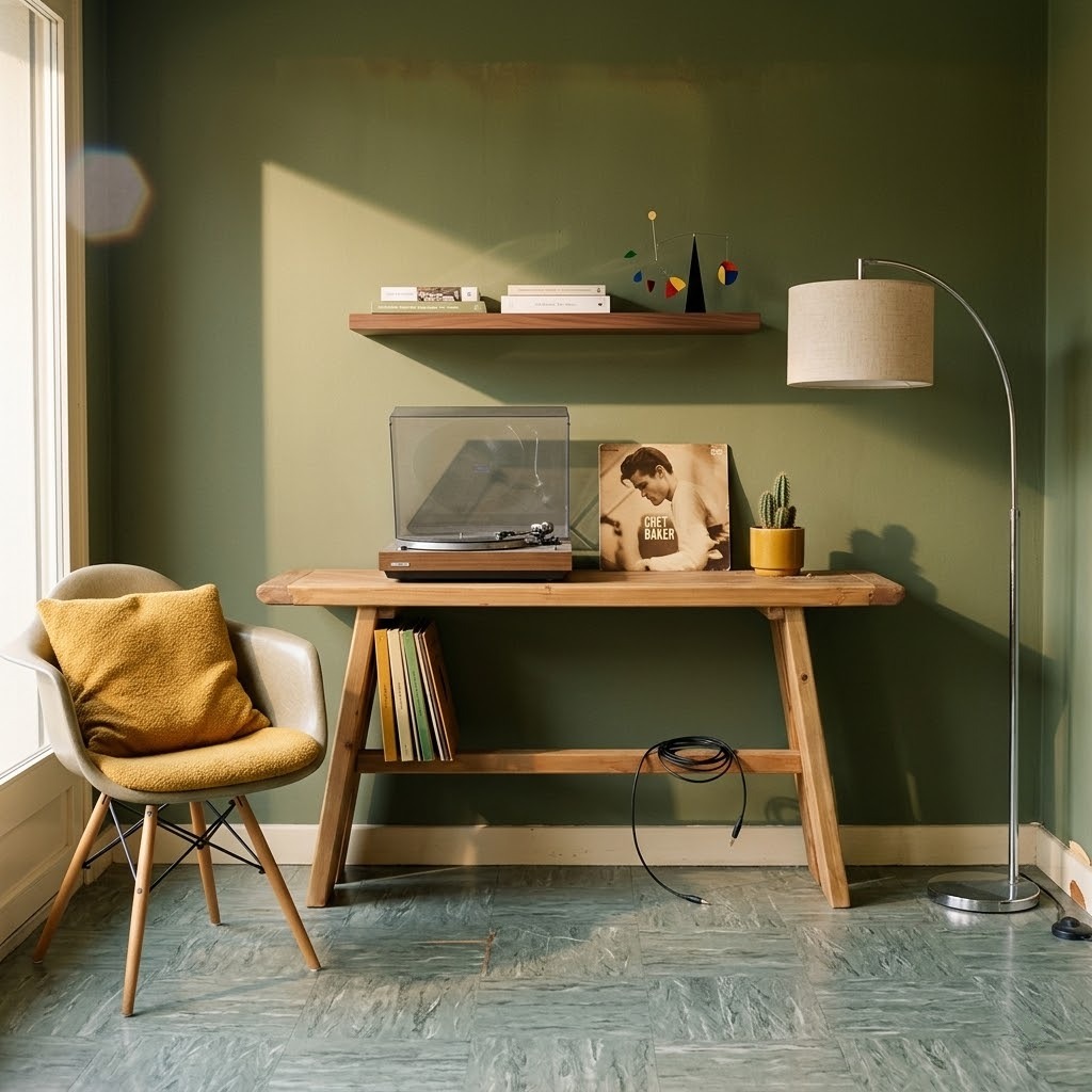 Console Liken en pin massif recyclé finition naturelle, vue de face dans un salon lumineux au mur vert avec platine vinyle, fauteuil clair et lampadaire au style vintage.