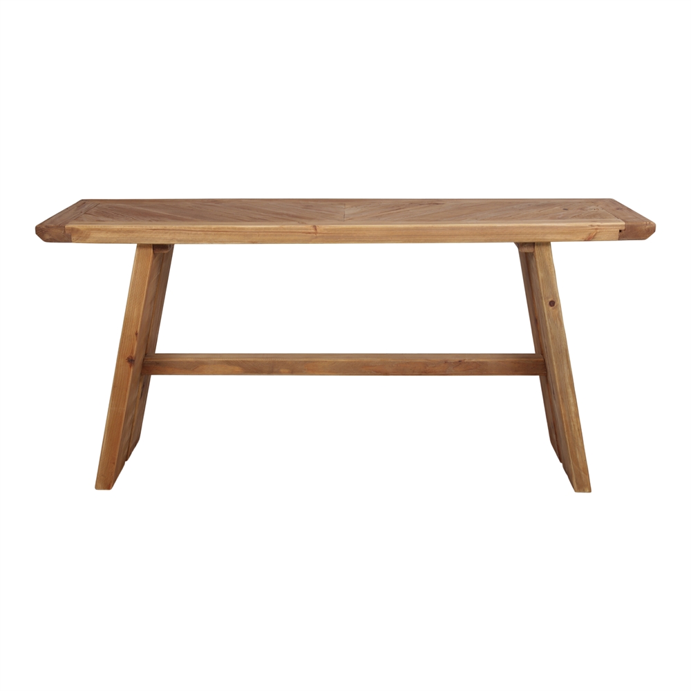 Console Liken en pin massif recyclé finition naturelle, vue de face sur fond neutre, mettant en valeur le plateau épais et les pieds inclinés en structure tréteau.