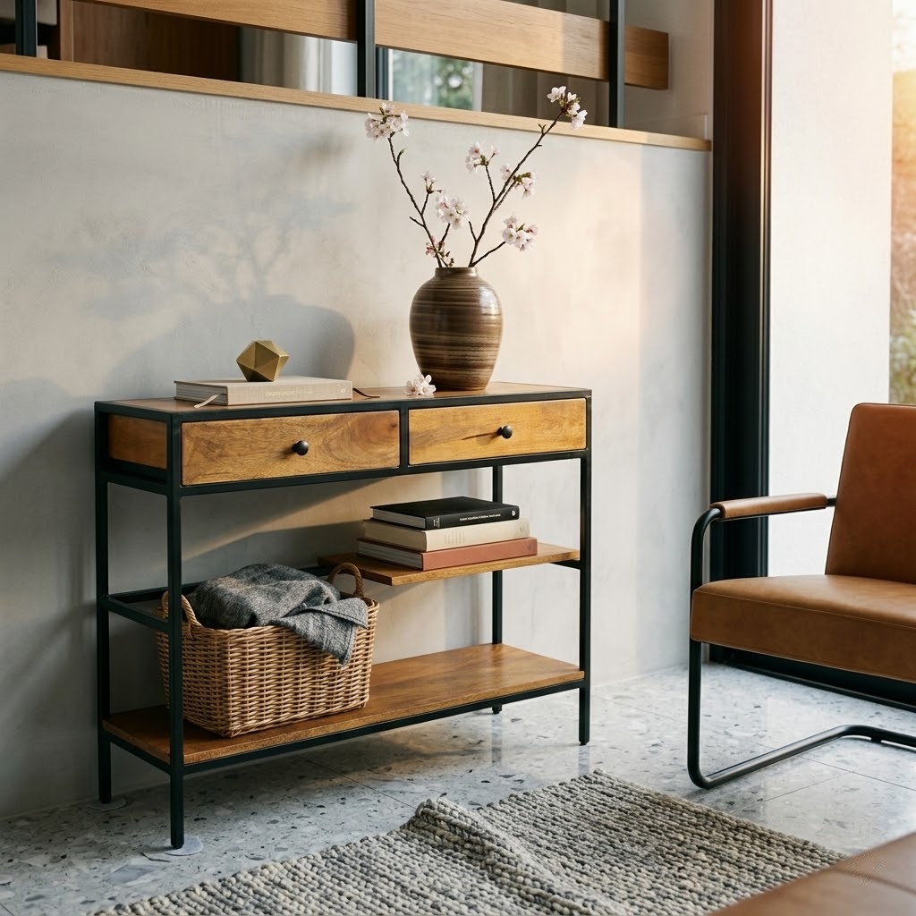Console Riben en bois de manguier massif naturel vue en 3/4 dans un salon lumineux avec structure en métal noir et étagères ouvertes.