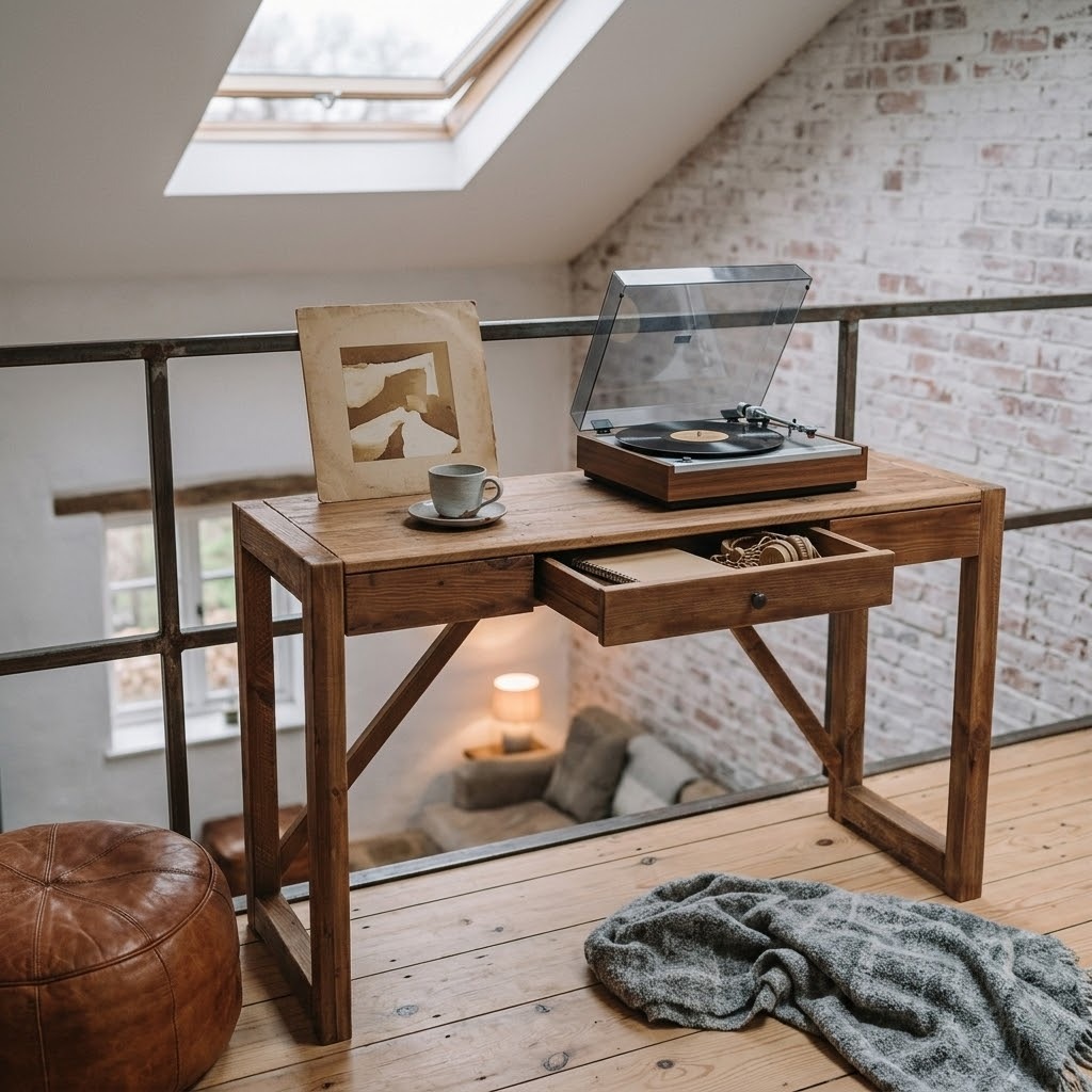 Console Titanic en pin massif recyclé finition naturelle installée sur une mezzanine avec platine vinyle sur le plateau et tiroir central entrouvert, vue 3/4 avant gauche.