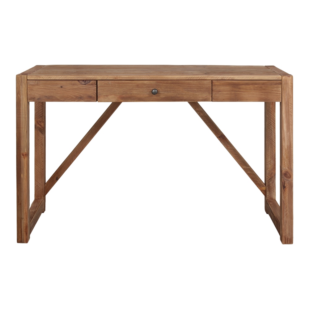 Vue de face de la console Titanic en pin massif recyclé finition naturelle, avec trois tiroirs en façade et piètement renforcé par des traverses obliques.