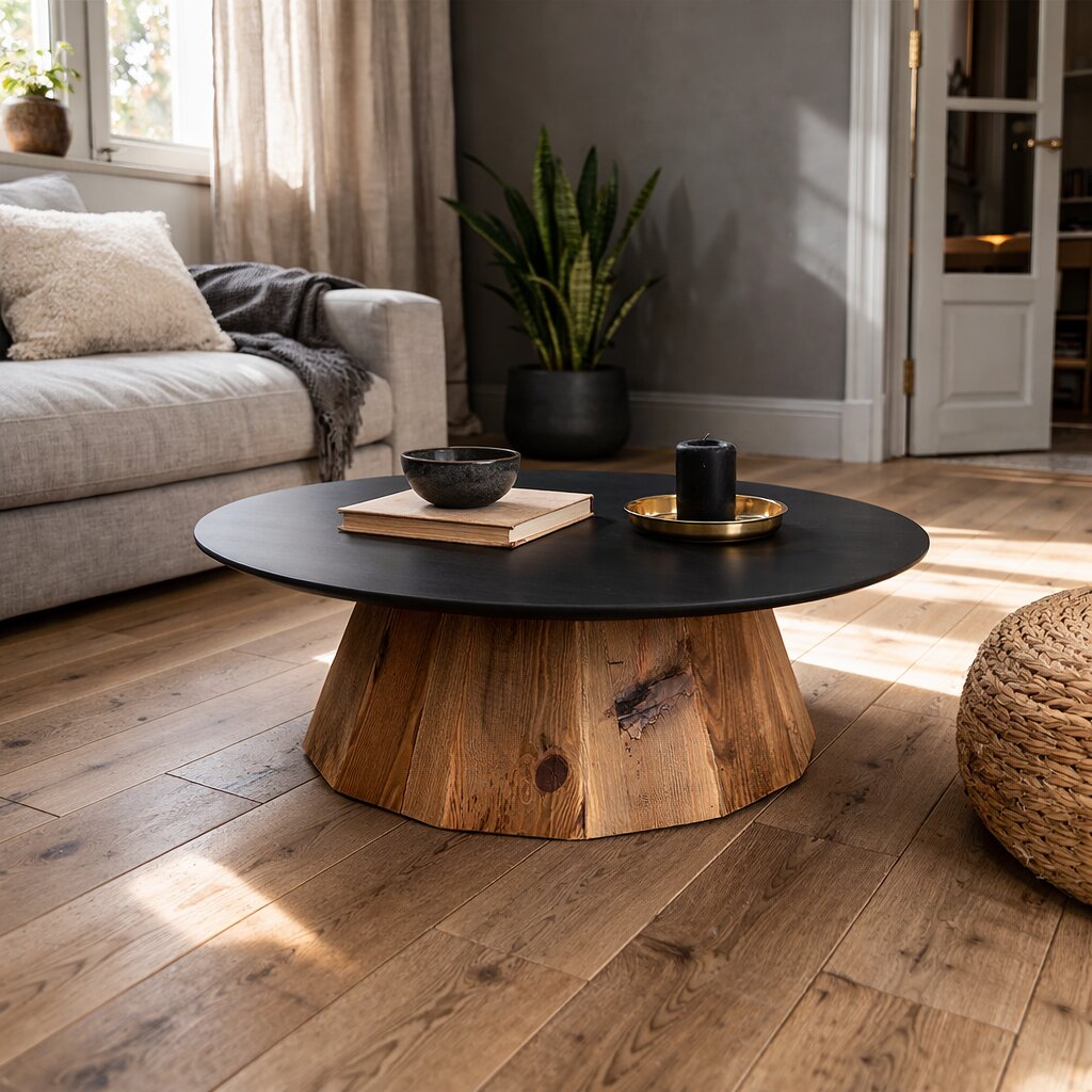 Vue d’ensemble en angle 3-4 de la table basse Tiscar, plateau rond noir et piètement en bois brun, dans un salon à l’ambiance nordique chaleureuse.