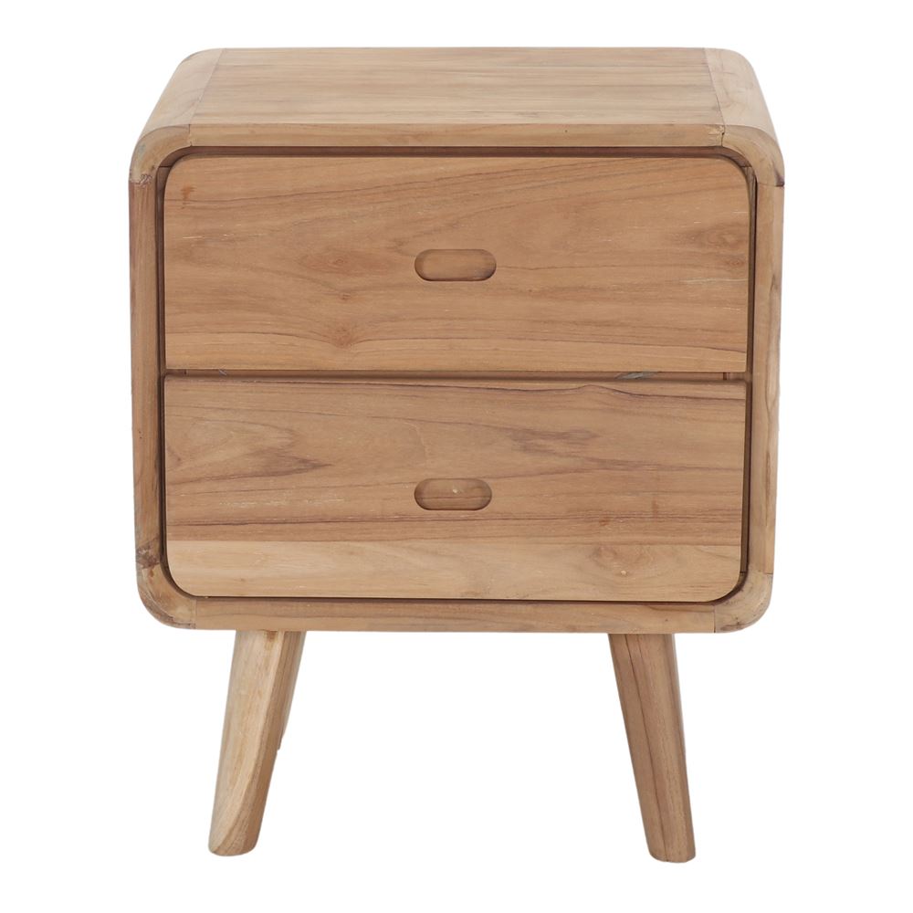 Table de nuit Manny en teck naturel avec deux tiroirs, vue de face sur packshot produit mettant en valeur les angles arrondis et le veinage du bois dans un style nordic.