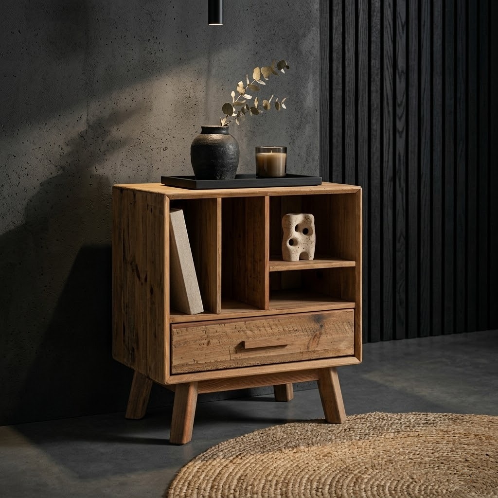 Vue 3/4 en situation de la table de nuit Melbourne en bois recyclé finition naturelle, dans une ambiance urban avec mur en béton sombre, tasseaux noirs et lumière directionnelle.