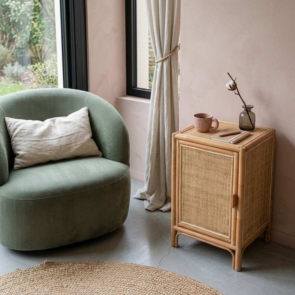 Table de nuit Ravenna en rotin naturel avec porte en cannage placée près d’un fauteuil vert dans une chambre lumineuse d’ambiance Organic.
