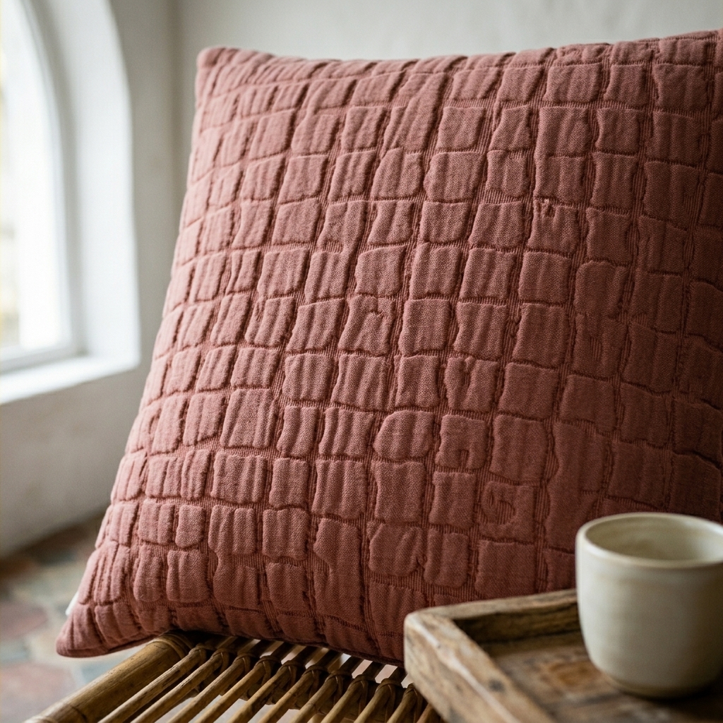 Coussin Selvian terracotta sur chaise en rotin, gros plan texture grille stonewashed, lumiere naturelle douce et bol ceramique
