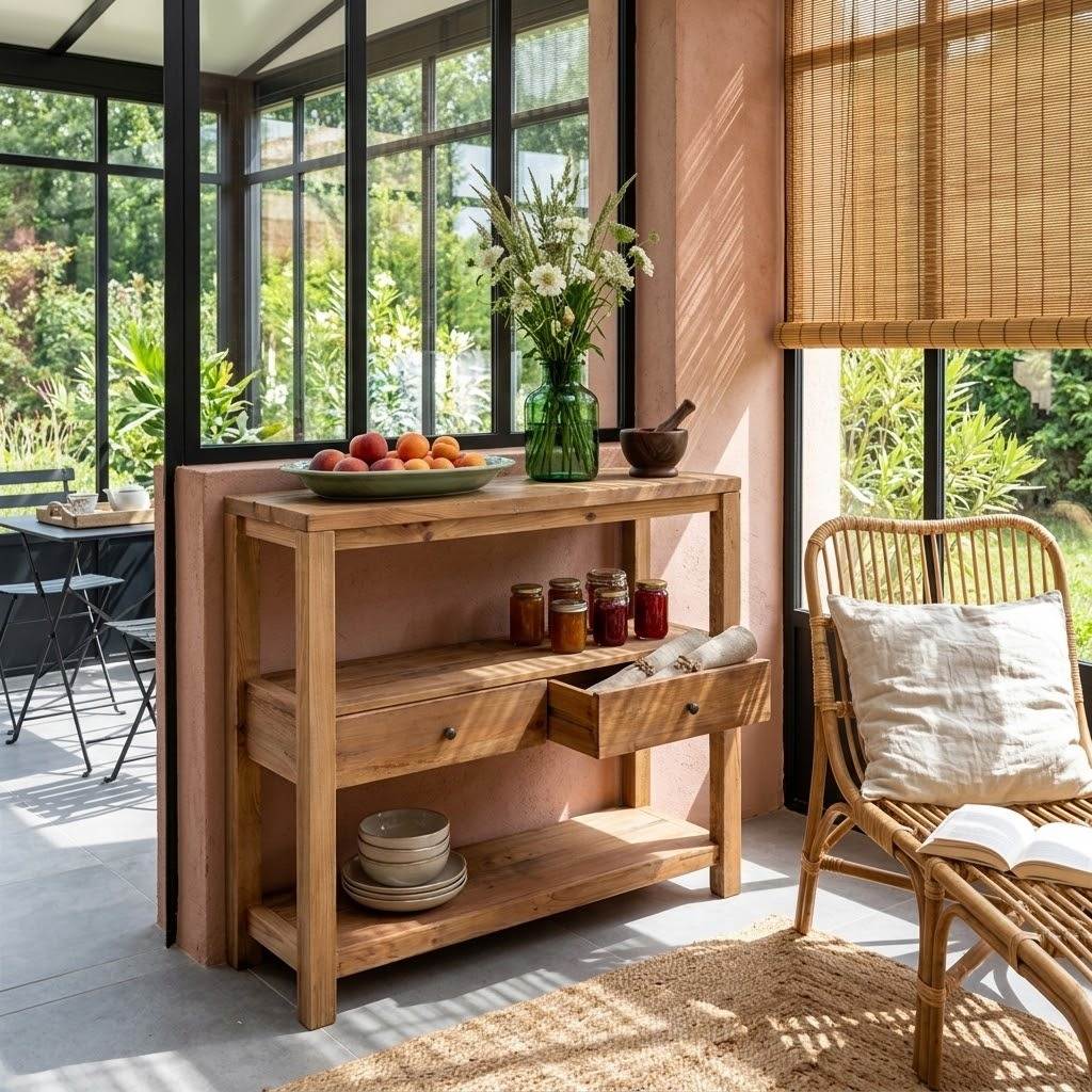 Buffet en pin recyclé naturel dans une véranda ensoleillée, fauteuil rotin et store bambou, lumière dorée matinale