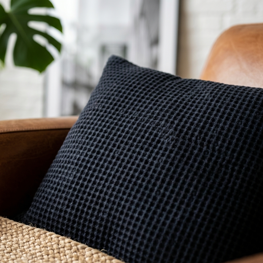 Gros plan sur la texture gaufrée alvéolée du coussin Rivenor en coton recyclé noir encre