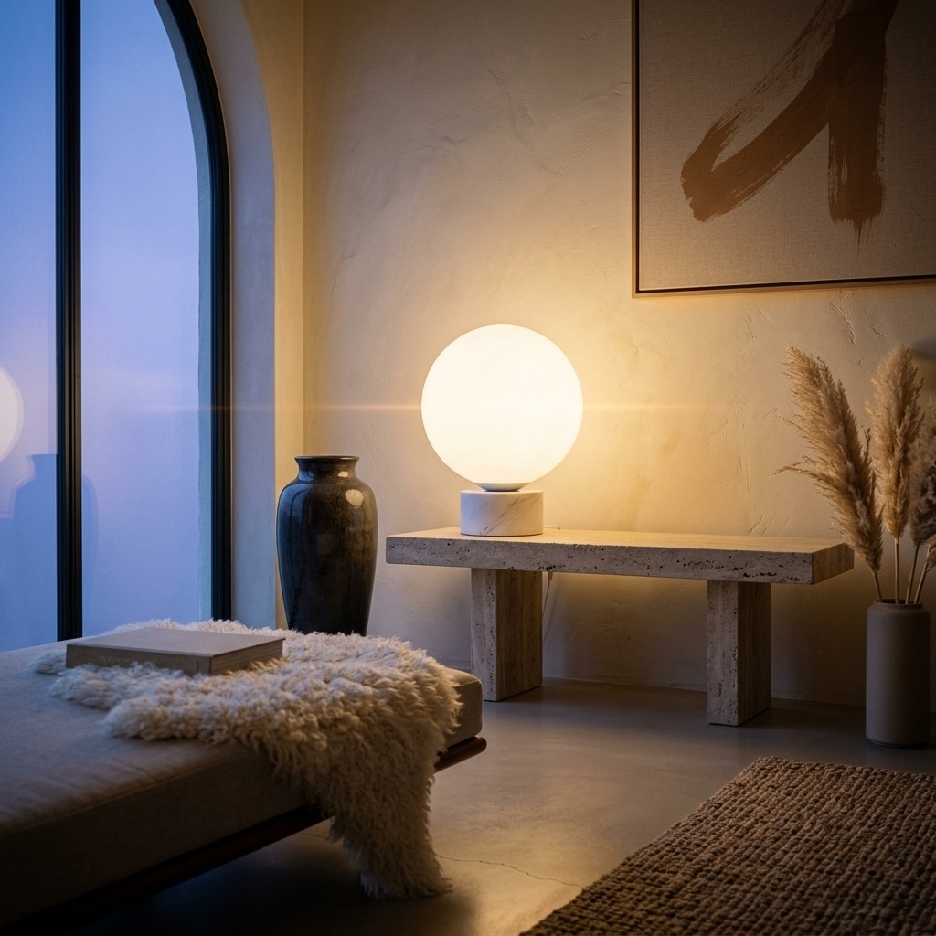 Lampe Sphère globe opalin allumé sur console travertin, lumière dorée dans un intérieur Organic Modern au crépuscule