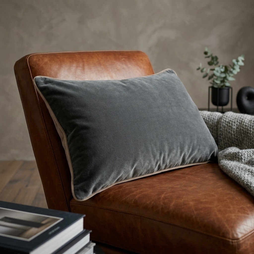 Coussin lombaire en velours gris orage posé sur fauteuil cuir cognac, mur enduit gris, plaid tricoté anthracite et eucalyptus en arrière-plan
