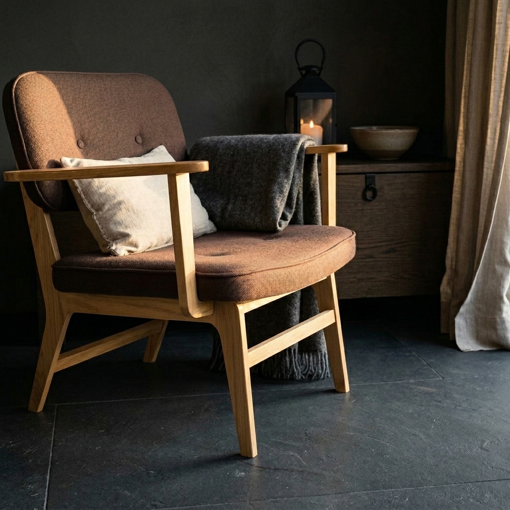 Fauteuil lounge chêne huilé tissu brun cacao posé dans un intérieur anthracite, lanterne métal et buffet bois à gauche